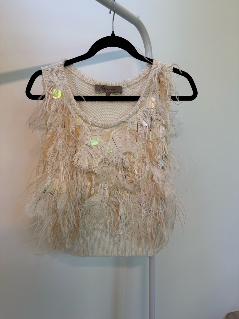 Foley + Corinna Cream Knit Feather Sequin Top Sz S